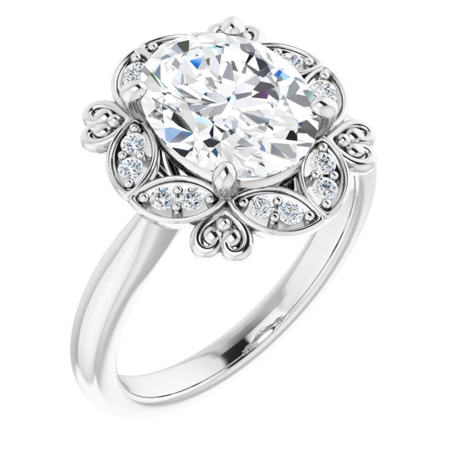 10K White Gold Customizable Oval Cut Design with Floral Segmented Halo & Sculptural Basket
