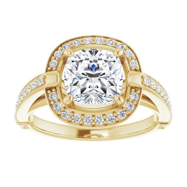 Cubic Zirconia Engagement Ring- The Ebba (Customizable High-Cathedral Cushion Cut Design with Halo and Shared Prong Band)