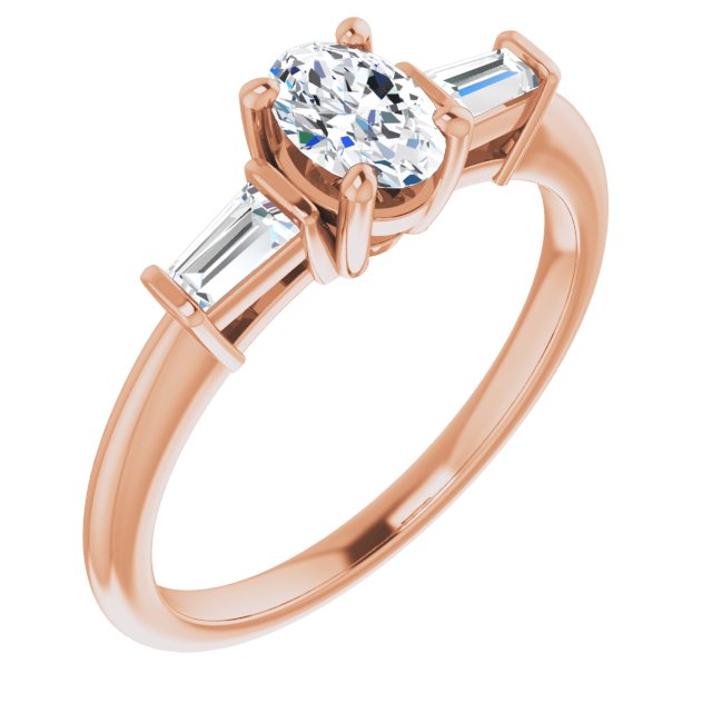 10K Rose Gold Customizable 3-stone Oval Cut Design with Dual Baguette Accents)