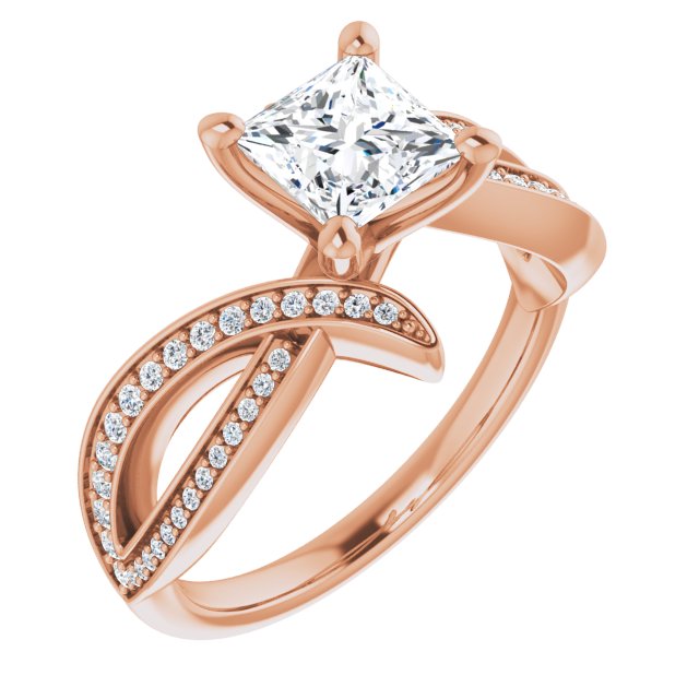 10K Rose Gold Customizable Princess/Square Cut Design with Swooping Pavé Bypass Band