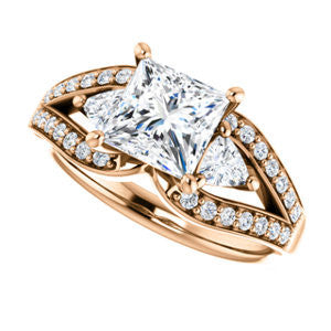 Cubic Zirconia Engagement Ring- The Karen (Customizable Enhanced 3-stone Design with Princess Cut Center, Dual Trillion Accents and Wide Pavé-Split Band)
