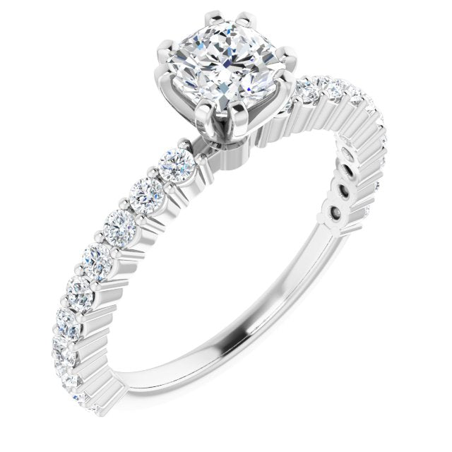 10K White Gold Customizable 8-prong Cushion Cut Design with Thin, Stackable Pav? Band