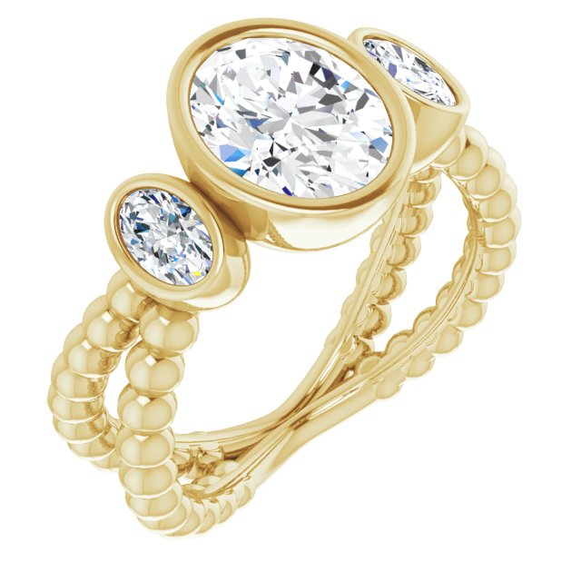 10K Yellow Gold Customizable 3-stone Oval Cut Design with 2 Oval Cut Side Stones and Wide, Bubble-Bead Split-Band