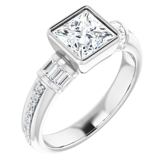 10K White Gold Customizable Cathedral-Bezel Princess/Square Cut Style with Horizontal Baguettes & Shared Prong Band