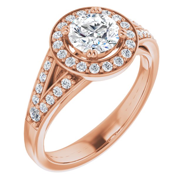 10K Rose Gold Customizable Cathedral-set Round Cut Style with Accented Split Band and Halo