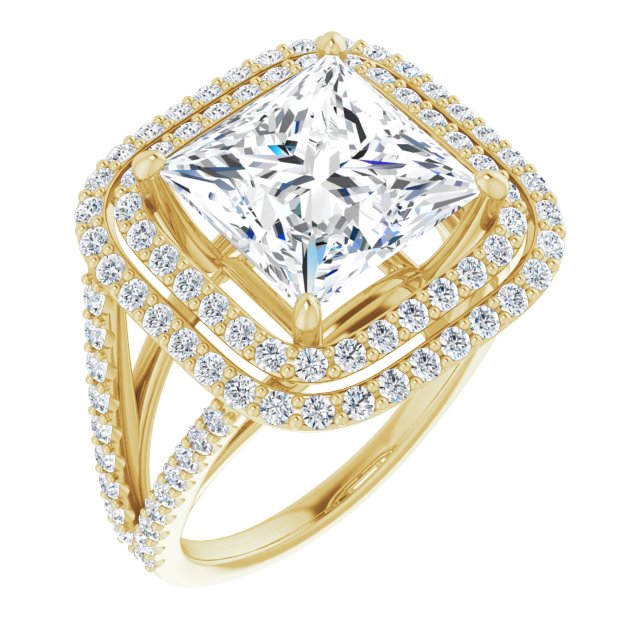 10K Yellow Gold Customizable Princess/Square Cut Design with Double Halo and Wide Split-Pavé Band