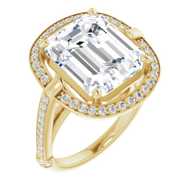 10K Yellow Gold Customizable High-Cathedral Emerald/Radiant Cut Design with Halo and Shared Prong Band