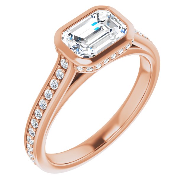 10K Rose Gold Customizable Cathedral-Bezel Emerald/Radiant Cut Design with Under Halo and Shared Prong Band