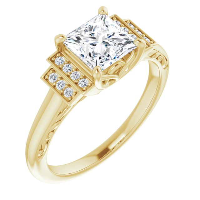 10K Yellow Gold Customizable Engraved Design with Princess/Square Cut Center and Perpendicular Band Accents