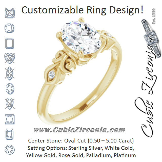 Cubic Zirconia Engagement Ring- The Natsumi (Customizable 3-stone Oval Cut Design with Small Round Accents and Filigree)