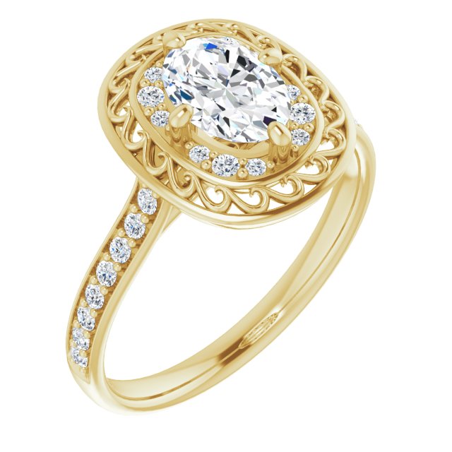 10K Yellow Gold Customizable Cathedral-style Oval Cut featuring Cluster Accented Filigree Setting & Shared Prong Band