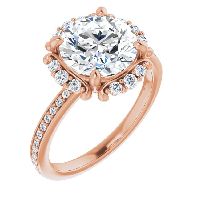 10K Rose Gold Customizable Round Cut Style with Halo and Thin Shared Prong Band