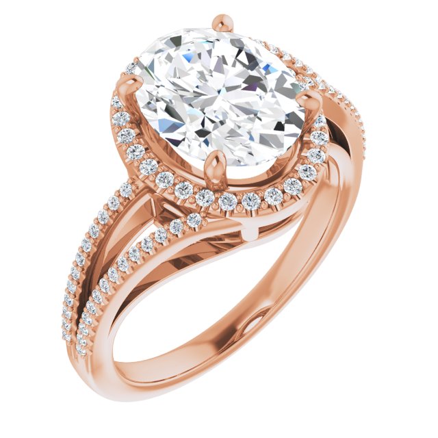 14K Rose Gold Customizable Oval Cut Vintage Design with Halo Style and Asymmetrical Split-Pavé Band