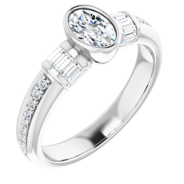 10K White Gold Customizable Cathedral-Bezel Oval Cut Style with Horizontal Baguettes & Shared Prong Band