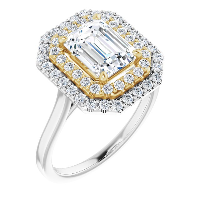 14K White & Yellow Gold Customizable Cathedral-set Emerald/Radiant Cut Design with Double Halo