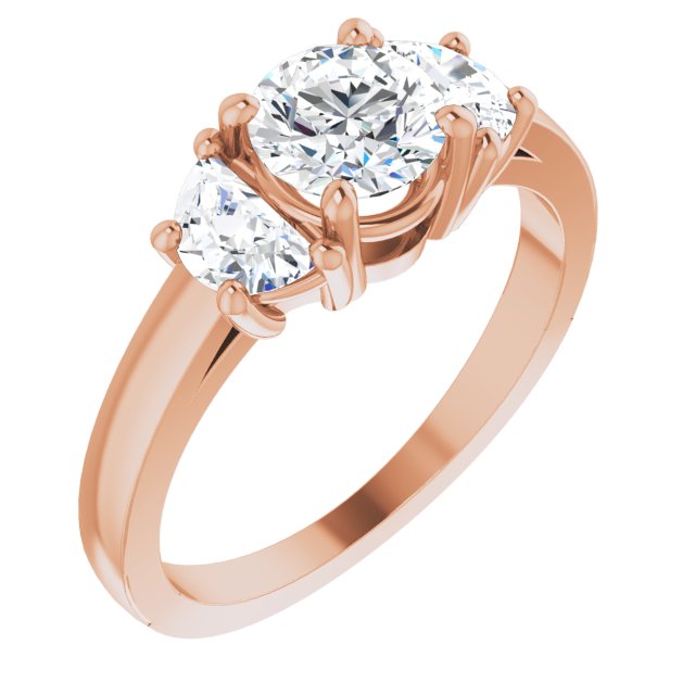 10K Rose Gold Customizable 3-stone Design with Round Cut Center and Half-moon Side Stones