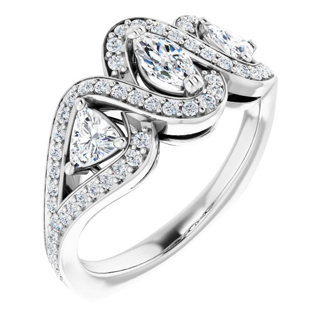 14K White Gold Customizable Marquise Cut Center with Twin Trillion Accents, Twisting Shared Prong Split Band, and Halo