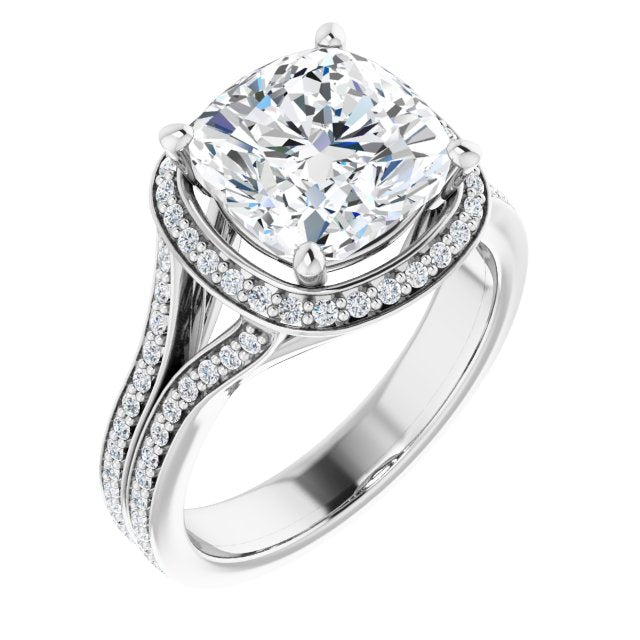 10K White Gold Customizable Cathedral-raised Cushion Cut Setting with Halo and Shared Prong Band