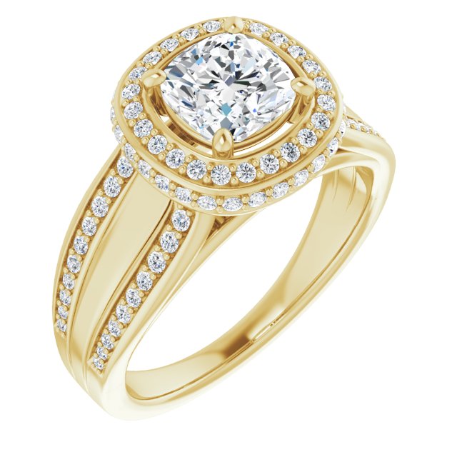10K Yellow Gold Customizable Halo-style Cushion Cut with Under-halo & Ultra-wide Band