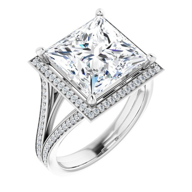 10K White Gold Customizable Princess/Square Cut Design with Split-Band Shared Prong & Halo