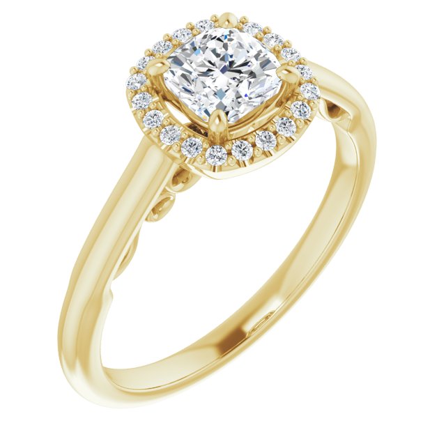 10K Yellow Gold Customizable Cathedral-Halo Cushion Cut Style featuring Sculptural Trellis