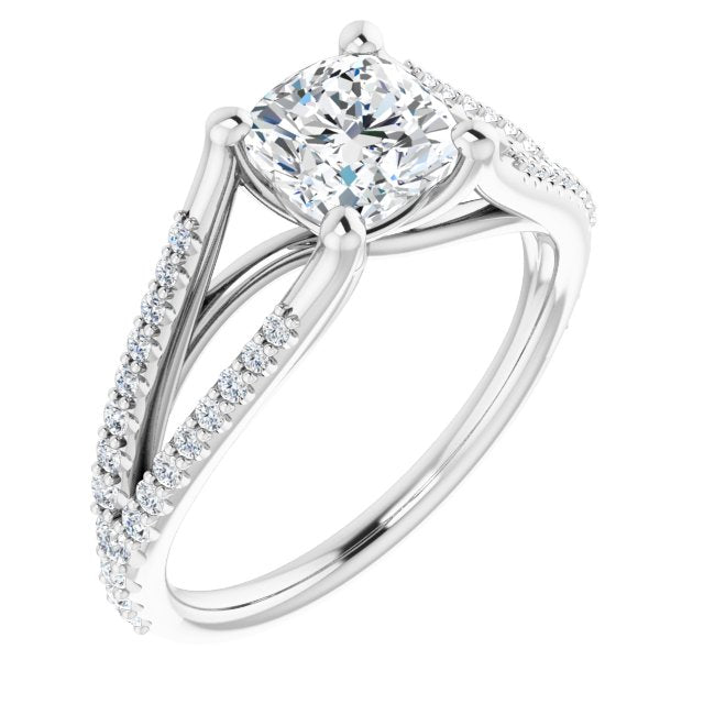 10K White Gold Customizable Cathedral-raised Cushion Cut Center with Exquisite Accented Split-band