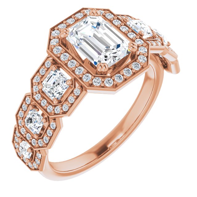 10K Rose Gold Customizable Cathedral-Halo Emerald/Radiant Cut Design with Six Halo-surrounded Asscher Cut Accents and Ultra-wide Band