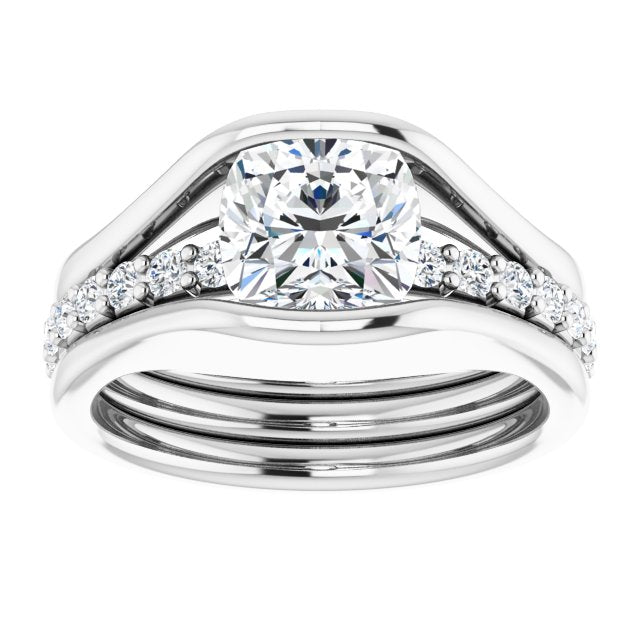 Cubic Zirconia Engagement Ring- The Hillary (Customizable Bezel-set Cushion Cut Style with Thick Pavé Band)