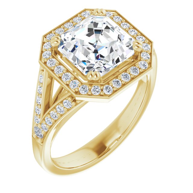 10K Yellow Gold Customizable Cathedral-set Asscher Cut Style with Accented Split Band and Halo