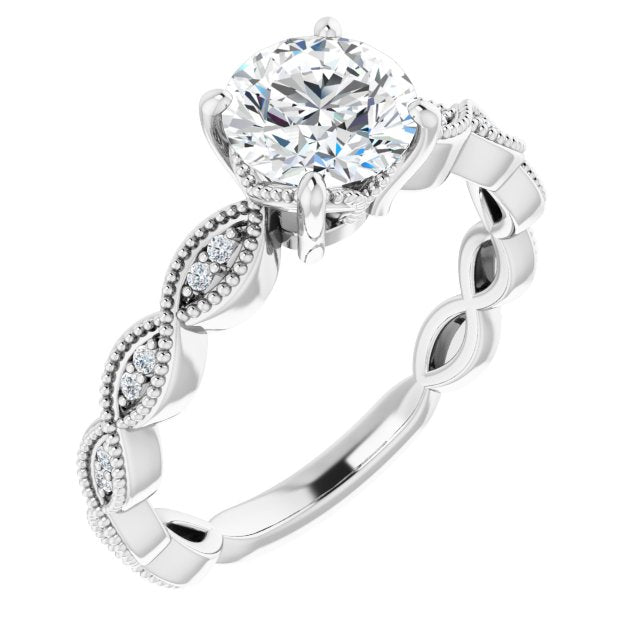 10K White Gold Customizable Round Cut Artisan Design with Scalloped, Round-Accented Band and Milgrain Detail