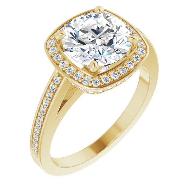 14K Yellow Gold Customizable Cathedral-set Round Cut Design with Halo, Thin Pavé Band & Round-Bezel Peekaboos