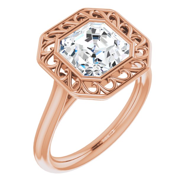 10K Rose Gold Customizable Cathedral-Bezel Style Asscher Cut Solitaire with Flowery Filigree