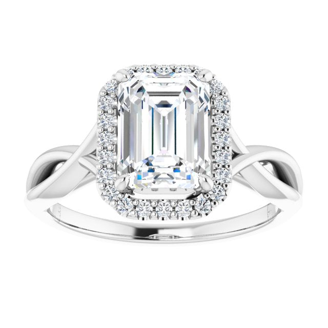 Cubic Zirconia Engagement Ring- The Yawén (Customizable Cathedral-Halo Emerald Cut Design with Twisting Split Band)