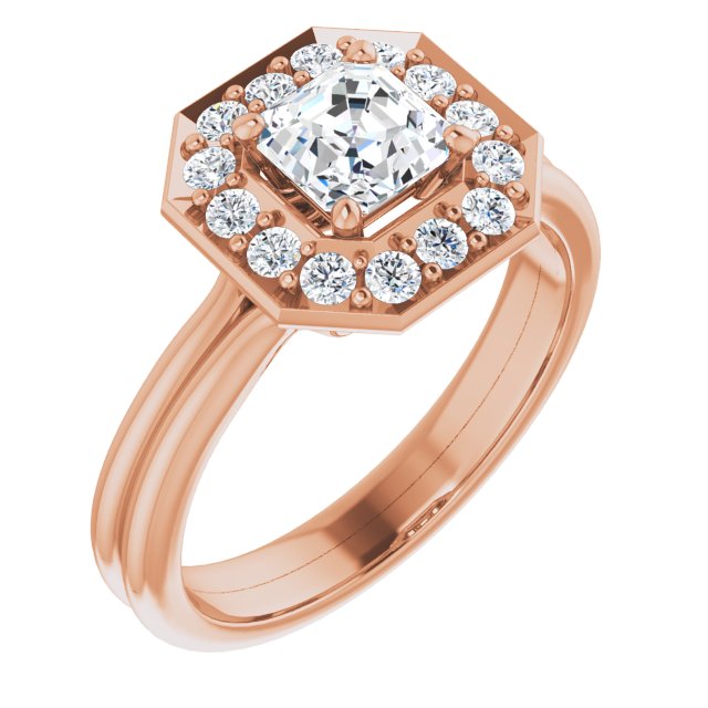 10K Rose Gold Customizable Cluster-Halo Accented Asscher Cut Style with Tapered Dual Band