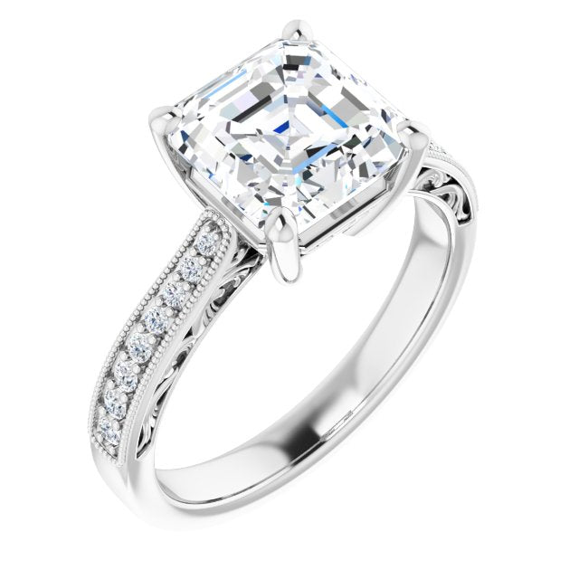 10K White Gold Customizable Asscher Cut Design with Round Band Accents and Three-sided Filigree Engraving