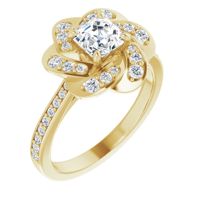 10K Yellow Gold Customizable Cathedral-raised Asscher Cut Design with Floral/Knot Halo and Thin Accented Band