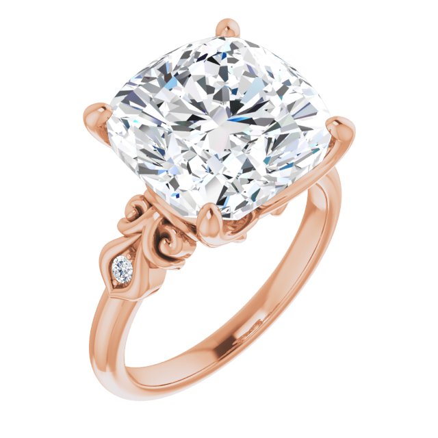 10K Rose Gold Customizable 3-stone Cushion Cut Design with Small Round Accents and Filigree