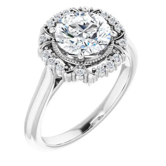 10K White Gold Customizable Round Cut Design with Majestic Crown Halo and Raised Illusion Setting