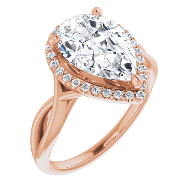 10K Rose Gold Customizable Cathedral-Halo Pear Cut Design with Twisting Split Band