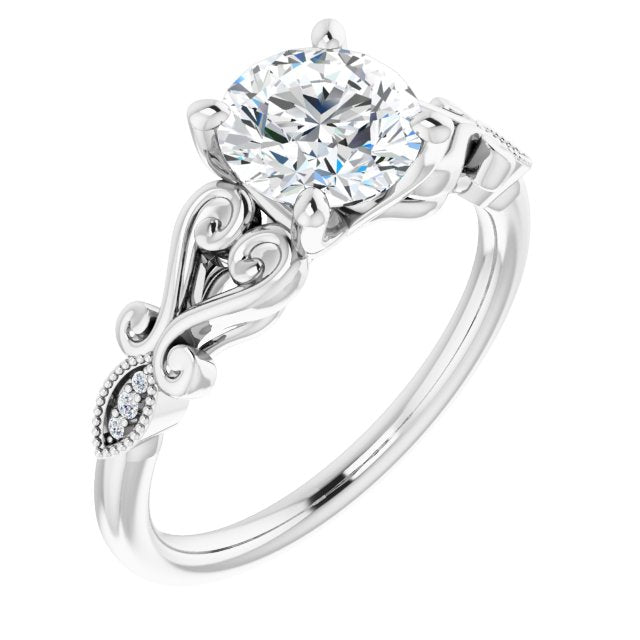 Platinum Customizable 7-stone Design with Round Cut Center Plus Sculptural Band and Filigree