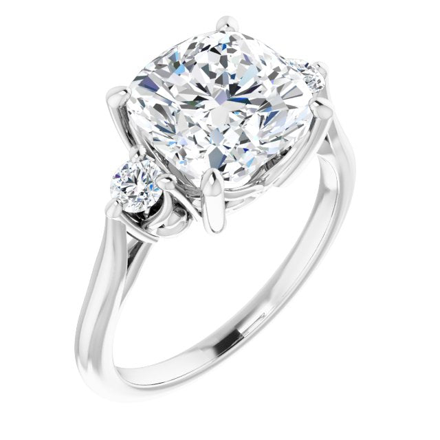 10K White Gold Customizable Three-stone Cushion Cut Design with Small Round Accents and Vintage Trellis/Basket