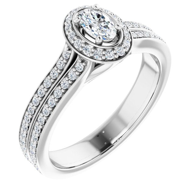 10K White Gold Customizable Cathedral-raised Oval Cut Setting with Halo and Shared Prong Band