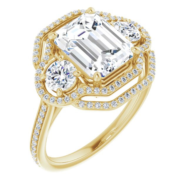 10K Yellow Gold Customizable Enhanced 3-stone Double-Halo Style with Emerald/Radiant Cut Center and Thin Band