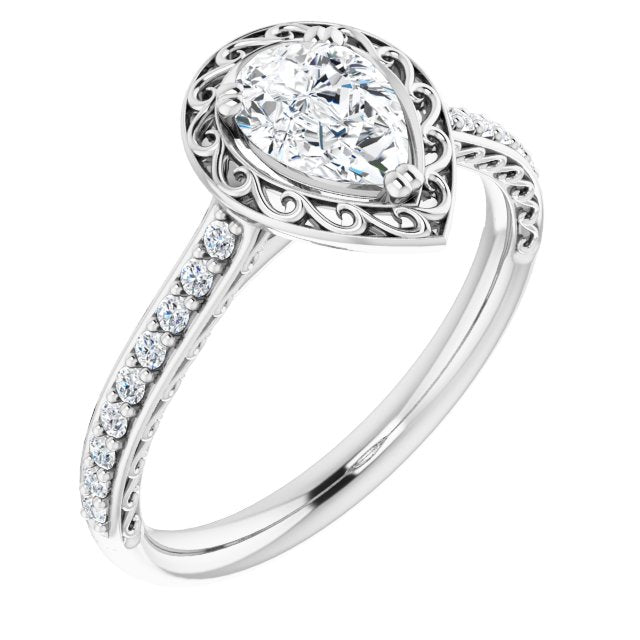 10K White Gold Customizable Pear Cut Halo Design with Filigree and Accented Band