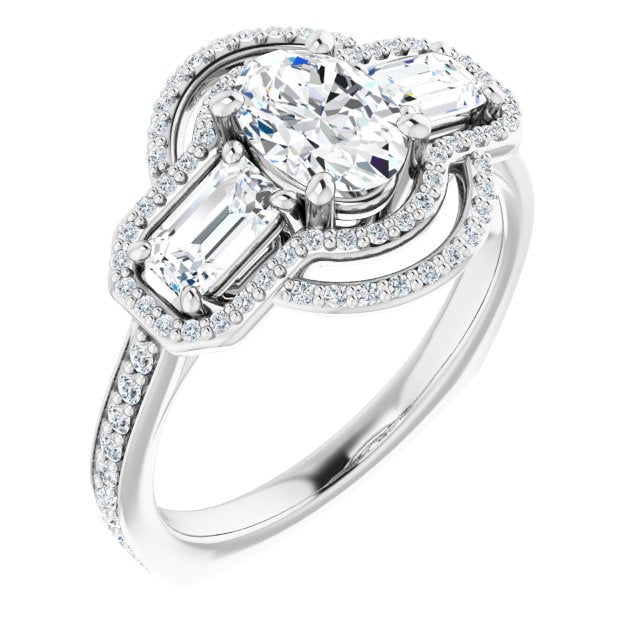 10K White Gold Customizable Enhanced 3-stone Style with Oval Cut Center, Emerald Cut Accents, Double Halo and Thin Shared Prong Band