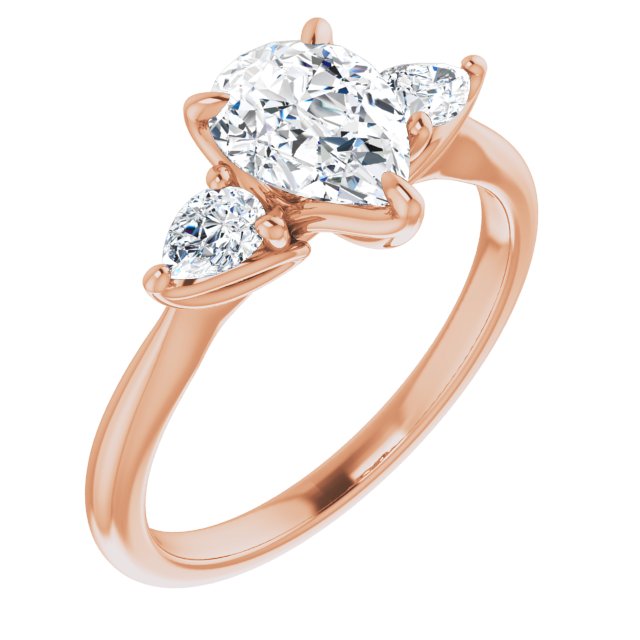 10K Rose Gold Customizable 3-stone Design with Pear Cut Center and Dual Large Pear Side Stones