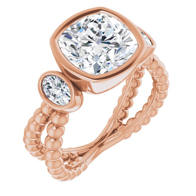 10K Rose Gold Customizable 3-stone Cushion Cut Design with 2 Oval Cut Side Stones and Wide, Bubble-Bead Split-Band