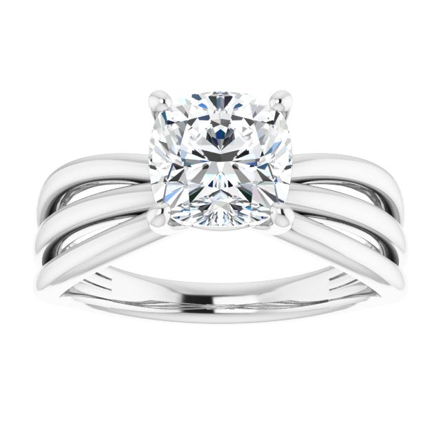 Cubic Zirconia Engagement Ring- The Maha (Customizable Cushion Cut Solitaire Design with Wide, Ribboned Split-band)