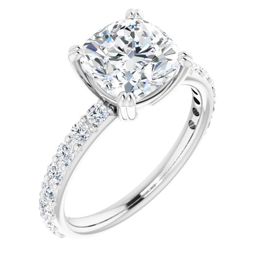 10K White Gold Customizable Cushion Cut Design with Large Round Cut 3/4 Band Accents