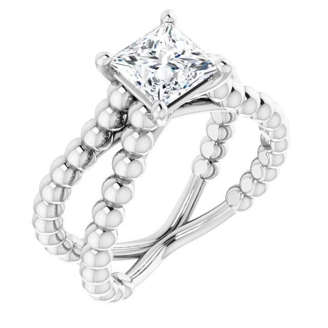 10K White Gold Customizable Princess/Square Cut Solitaire with Wide Beaded Split-Band
